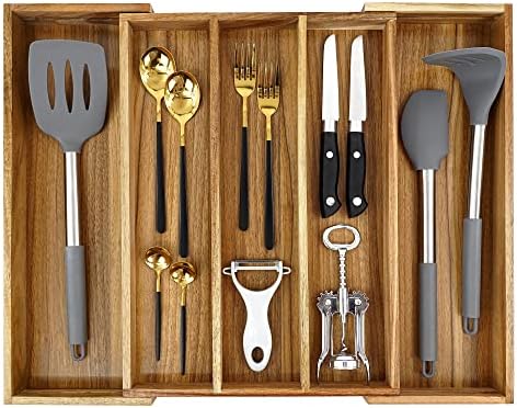 EcoFives Luxury Acacia Silverware Organizer -Kitchen Drawer Organizer by EcoFives
