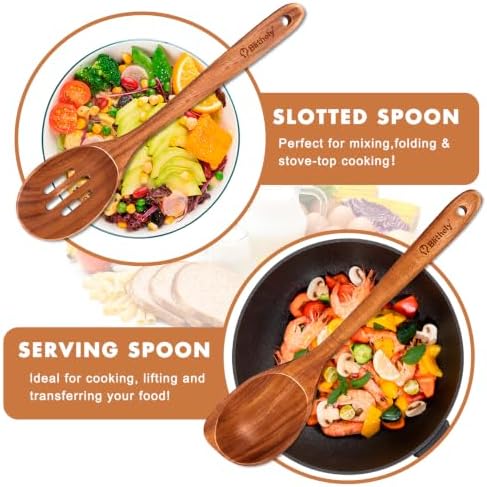 Large Wooden Cooking Spoon Set, Non-Stick Slotted and Corner Serving Spoon - Image 6