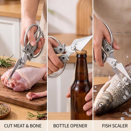 XSNBRD Kitchen Shears, Pearl Nickel Stainless Steel Owl Scissors Large - Image 5