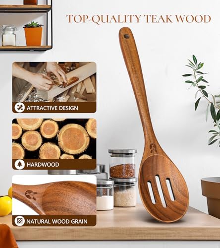 Wooden Slotted Spoons for Cooking, Teak Wooden Kitchen Utensils for Serving - Image 2