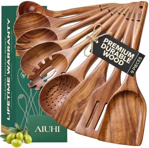 9 Pcs Teak Wooden Utensil Set for Cooking Spoons Spatulas Kitchen Tools by AIUHI