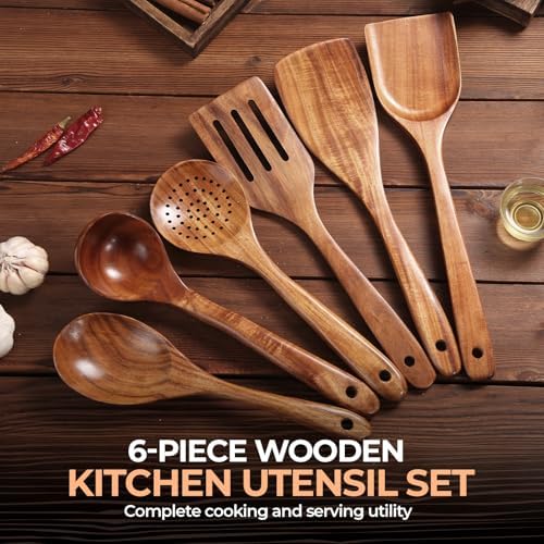 AIUHI Nonstick Natural Wooden Kitchen Utensils Set, Smooth Finish Teak Wood - Image 3