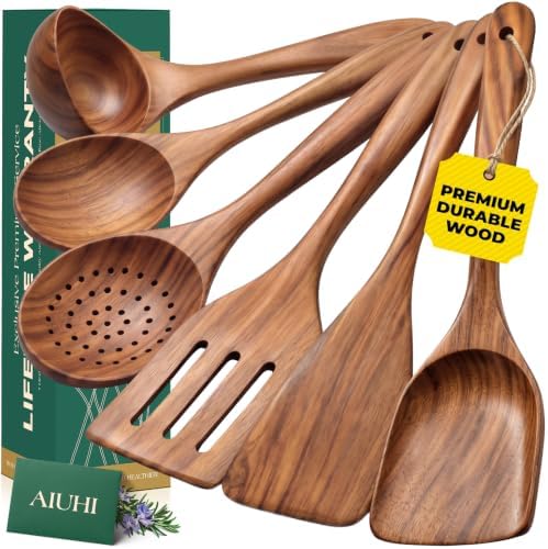 AIUHI Nonstick Natural Wooden Kitchen Utensils Set, Smooth Finish Teak Wood by AIUHI