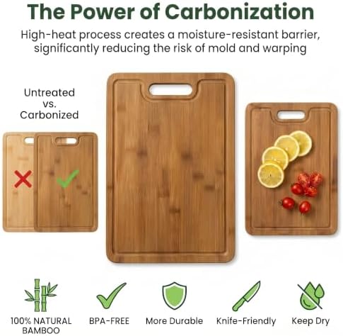 Bamboo Cutting Board Set with Holder, 3 Piece Carbonized Wood Chopping Boards - Image 5
