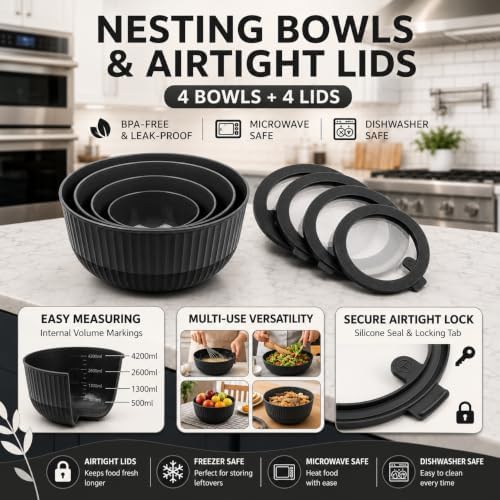 Dora Plastic Mixing Bowls with Lids, 8-Piece Airtight Leak-Proof Nesting - Image 2