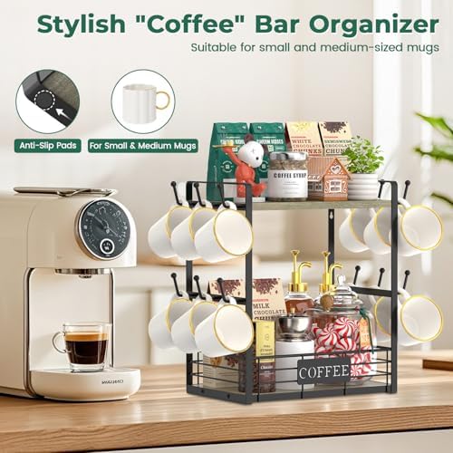 EsLuker.ly Coffee Mug Cup Holder Tree Bar Station Organizer, 2 Tier Grey Oak - Image 5