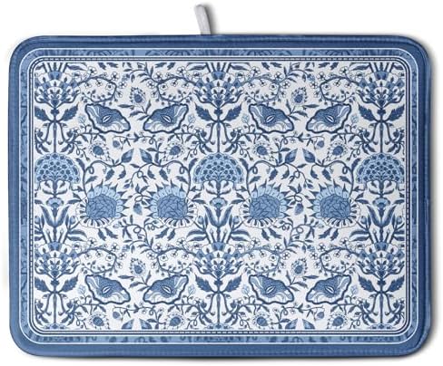 Blue Floral Dish Drying Mat for Kitchen Counter Boho Flowers Dishes Drainer by Wnoesat