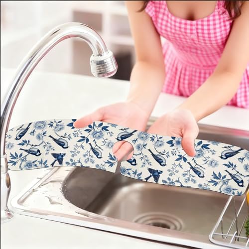 2 Pcs Blue Flowers and Birds Kitchen Sink Splash Guard Faucet Mat - Image 6