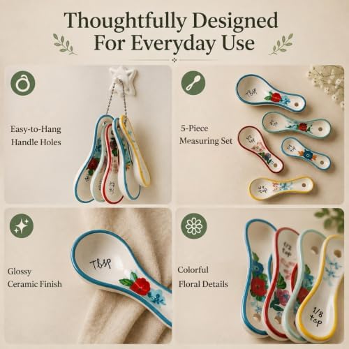 WAYUTO Ceramic Measuring Spoons Set, 5 Piece Flower Measuring Spoons, Cute - Image 3
