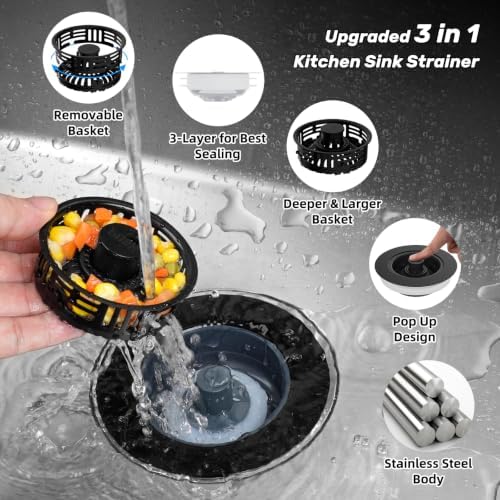 Hibbent 2 Pack 3 in 1 Kitchen Sink Drain Strainer, Metal Pop Up Stopper - Image 2
