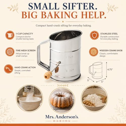 Mrs. Anderson's Baking Hand Crank Flour Sifter, Stainless Steel, 1-Cup Capacity - Image 2