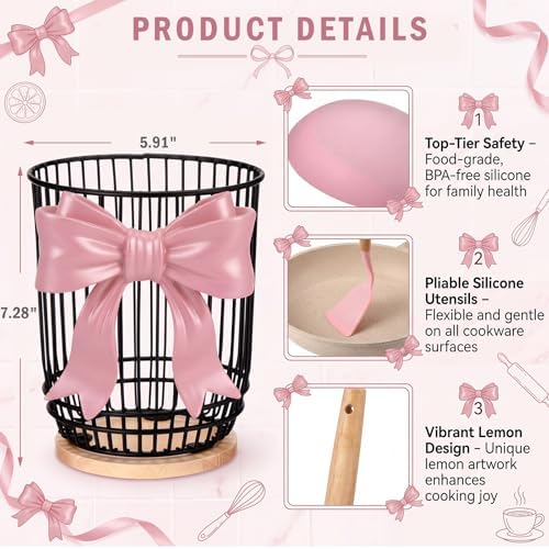 7 Pcs Pink Bow Kitchen Decor, Silicone Cooking Utensils Set - Image 3