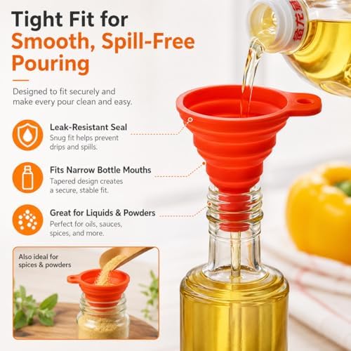 Collapsible Silicone Kitchen Funnels, 4 Pack Food Grade Foldable Funnel Set - Image 5