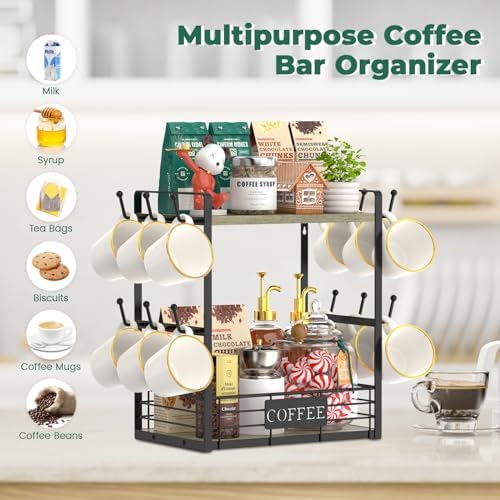 EsLuker.ly Coffee Mug Cup Holder Tree Bar Station Organizer, 2 Tier Grey Oak - Image 4