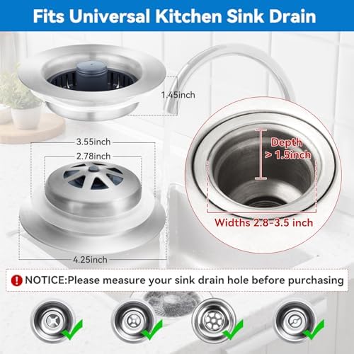 Upgraded 3-in-1 Kitchen Sink Drain Strainer, Stainless Steel Pop Up Kitchen - Image 3