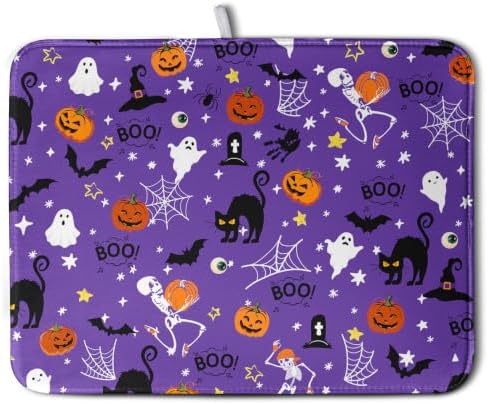 Halloween Dish Drying Mat for Kitchen Counter Cute Cat Boo Bats Skull Drying by Wnoesat