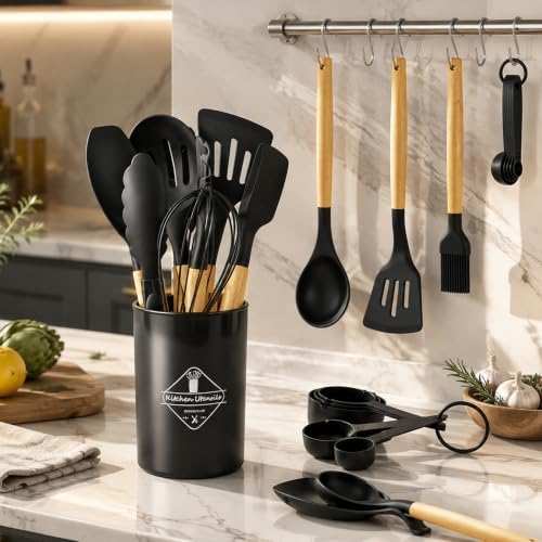 33 Pcs Silicone Kitchen Cooking Utensils Set, Wood Handle & Holder - Image 4