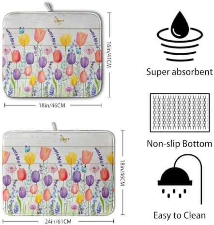 Tulip Floral Dish Drying Mat for Kitchen Counter Watercolor Spring Flower Dish - Image 2