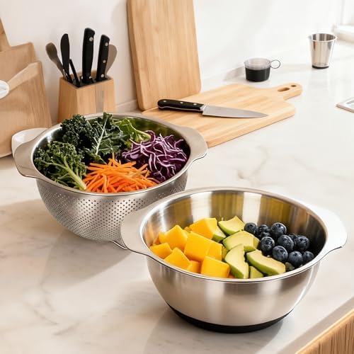 304 Stainless Steel Colander, 5 QT Large Capacity and 5QT Mixing Bowl, 2mm - Image 3