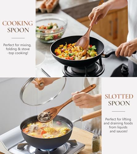 2Pcs Teak Wooden Kitchen Cooking Utensils Set, Wooden Spoon & Slotted Spoon - Image 4