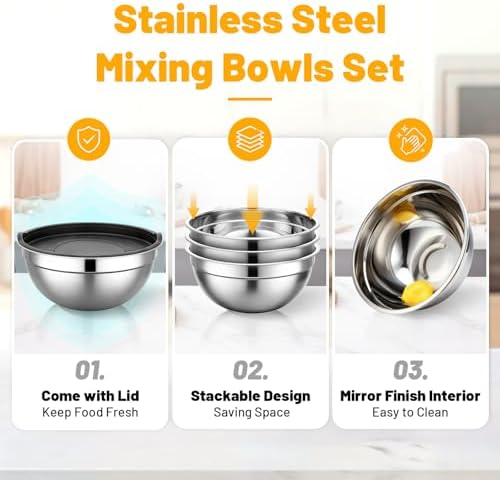 Beasea Stainless Steel Mixing Bowl Set of 3, 5 QT Large Stackable Mixing Bowls - Image 3