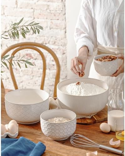 Mikiegy Ceramic Mixing Bowls Set of 4, Nesting Ceramic Embossment Stoneware - Image 3