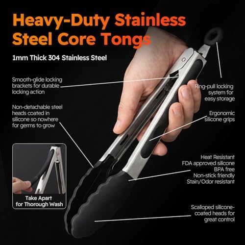 HST Tongs for Cooking with Silicone Tips 3 Pack, Kitchen Tongs - Image 4