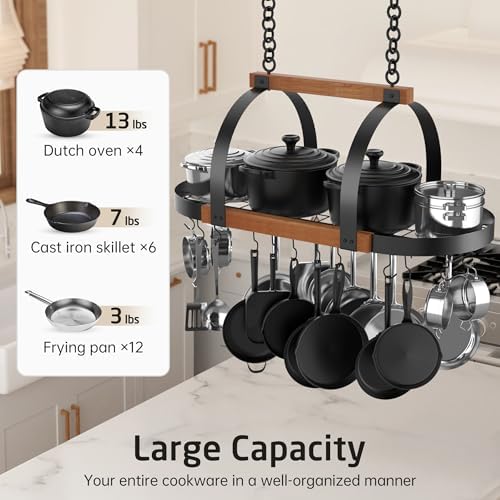 KES Natural Solid Wood 39 Inch Large Hanging Pot Rack, 130 LBS Capacity Heavy - Image 2