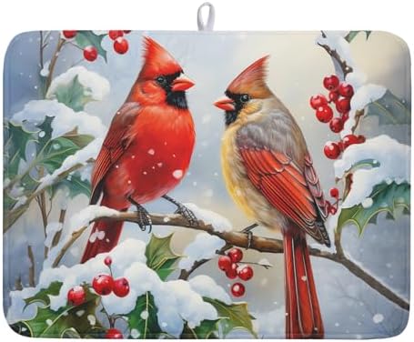 Winter Cardinal Birds Dish Drying Mat, Holly Berry Branches Dish Drying Mat by Kawani
