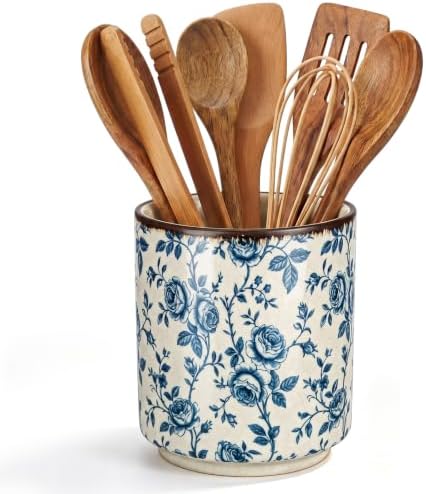 Rustic Ceramic Utensil Holder Blue Rose 5.5" by Unknown