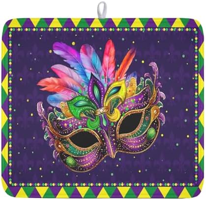Mardi Gras Dish Drying Mat for Kitchen Counter Masquerade Mask Feather Dishes by Wnoesat