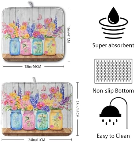 Daisy Dish Drying Mat for Kitchen Counter Spring Summer Flowers Vases Dishes - Image 2