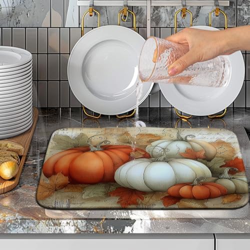 Fall Dish Drying Mats for Kitchen Counter Autumn Pumpkin Maple Leaf Vintage - Image 5