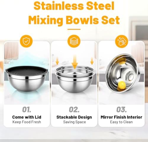 Beasea Mixing Bowls with Lids, 2 Pack 4 QT Stackable Stainless Steel Mixing - Image 3