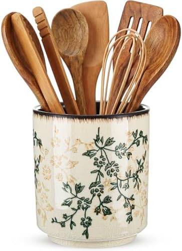 Rustic Ceramic Utensil Holder Brown Green Floral 5.5" by Unknown