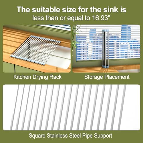 16.93 ×12.91 Inch Sink Drying Rack Roll Up, Silicone Wrapped 304 Square - Image 4