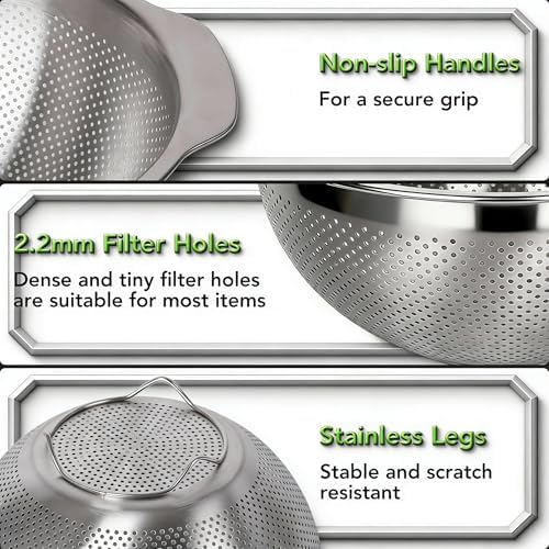 304 Stainless Steel Colander, 5 QT Large Capacity and 5QT Mixing Bowl, 2mm - Image 5