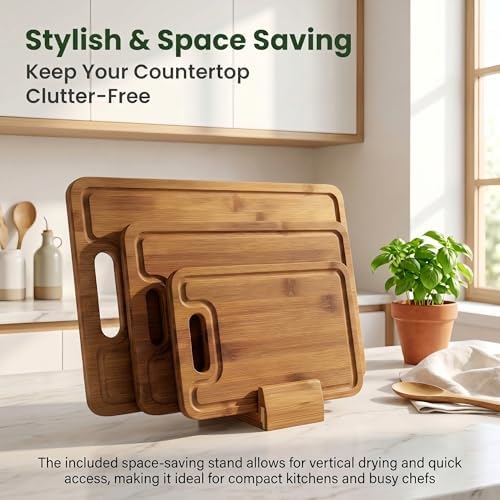 Bamboo Cutting Board Set with Holder, 3 Piece Carbonized Wood Chopping Boards - Image 2