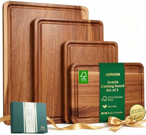 AZRHOM Large Solid Acacia Wooden Chopping Board Set of 4 by AzrHom