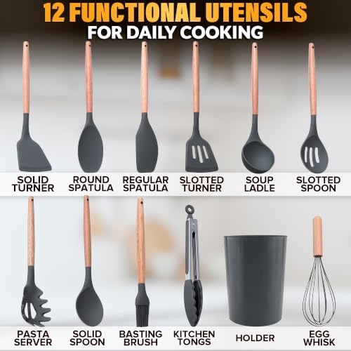 Set of 12 Gray Silicone Kitchen Utensils Set - Image 2