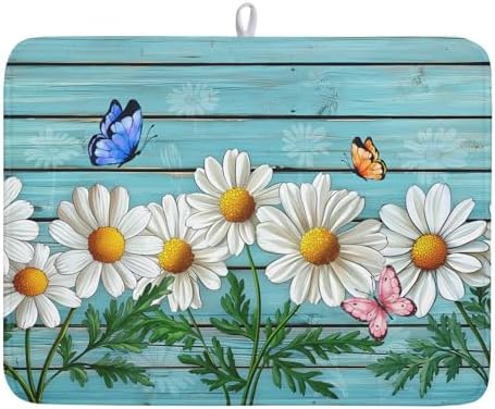 Daisy Dish Drying Mat for Kitchen Counter 18”x24” Rustic Daisy Absorbent Dish by Kawani