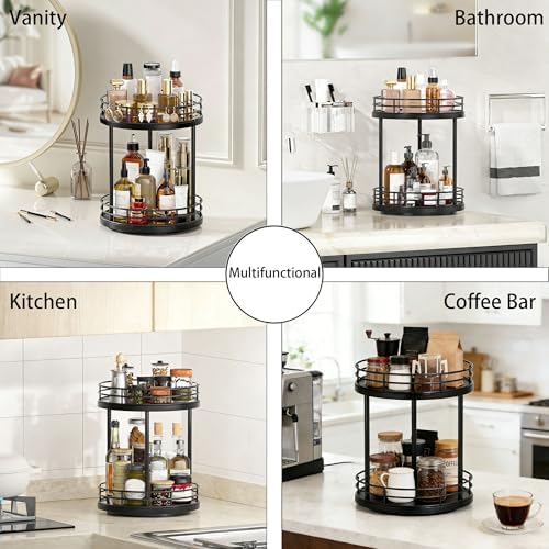 2-Tier Rotating Bathroom Countertop Organizer, Wooden Makeup Vanity Storage - Image 4