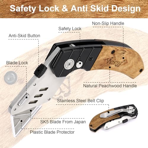 Vickay Folding Utility Knife, Heavy Duty Box Cutter, Razor Knife-Wood - Image 2