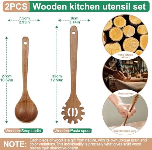 2-Piece Soup Ladle Pasta Spoon Set, Wooden Ladles - Image 2