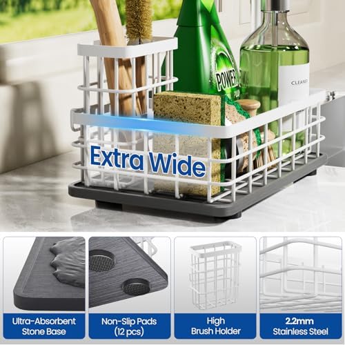 Extra Large Sink Caddy with Drying Stone, Sponge & Brush Holder - Image 4