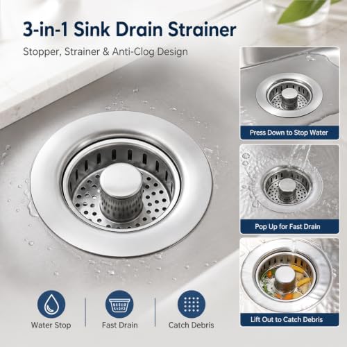 2 Pack Kitchen Sink Drain Strainer, 3 in 1 Stainless Steel Pop Up Sink Stopper - Image 5