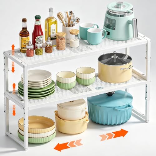 2 Pack Expandable Cabinet Shelf Organizer, Adjustable Kitchen Countertop Metal by Cottage+Charm