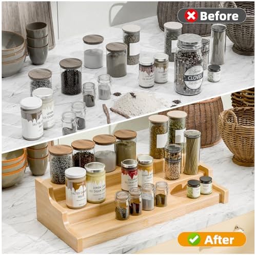Simple Trending Spice Rack Kitchen Cabinet Organizer, 3 Tier Bamboo Expandable - Image 6