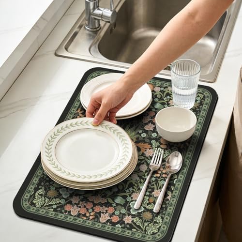 Dish Drying Mat for Kitchen Counter 12x20 Inch, Boho Quick Dry Coffee Mat - Image 2