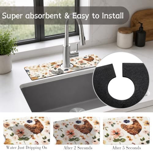 Boho Kitchen Sink Splash Guard Faucet Mat, Watercolor Chicken Hens Floral - Image 3